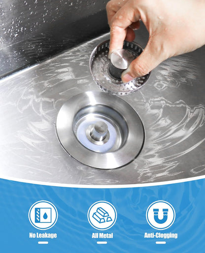 Kitchen Sink Drain Strainer Stainless Steel Stopper Anti-Clog Basket | 3-in-1 design, pop-up button for easy use, all metal heavy duty, anti-clogging