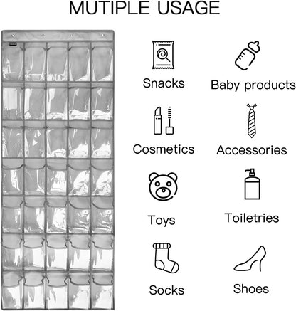 1 Pack 35 Clear Crystal Pockets Large Hanging Shoe Organizer Over The Door Shoe Rack for Closet Door Storage Shoe Holder Hanger, 4Hooks, white (67.7'' x 26.4'')
