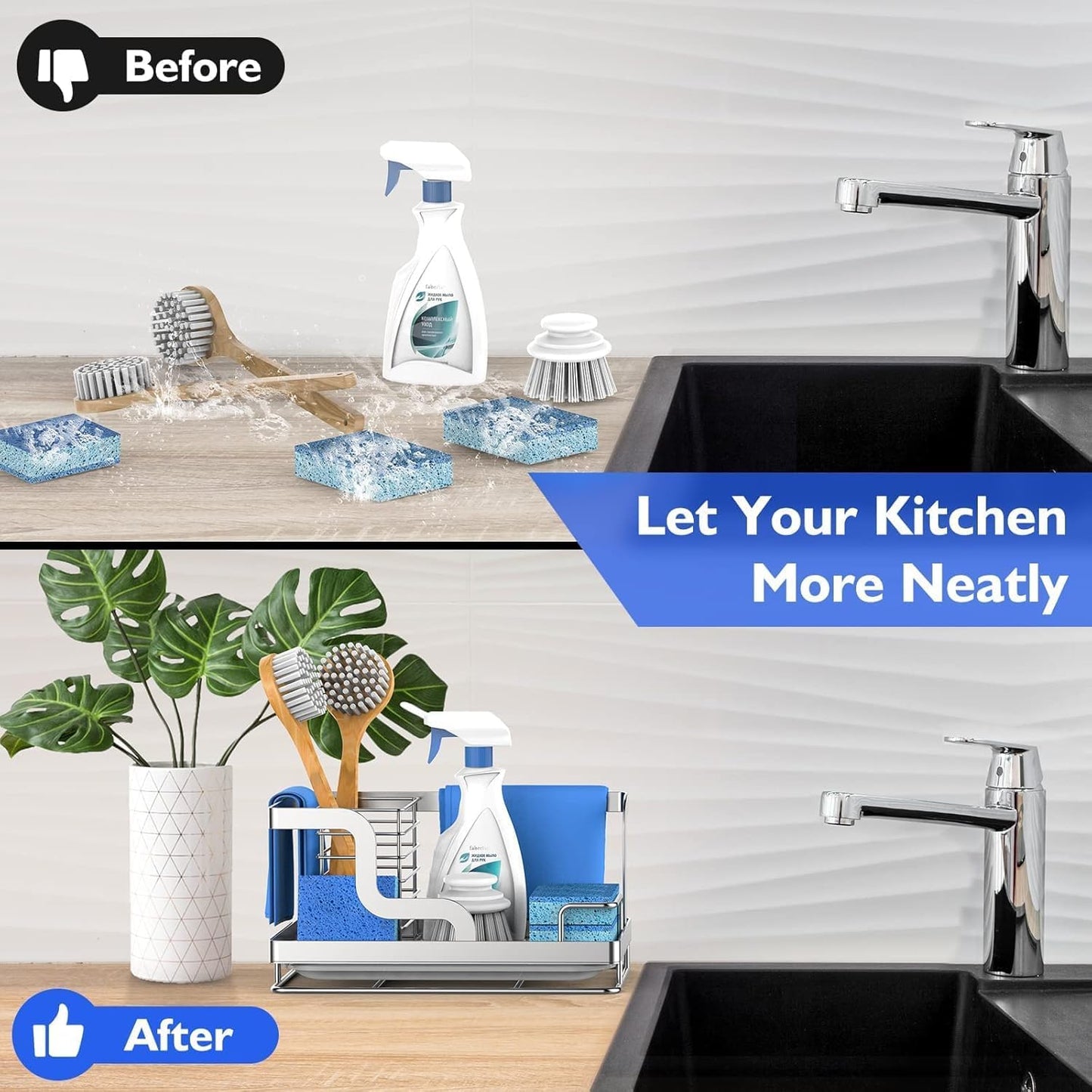 BSKSSK Sink Caddy, Kitchen Sink Organizer Sponge Holder, Dish Soap Scrubber Holder with Removable Drain Pan, Sink Brush Holder Kitchen Sink Stainless Steel for Sponge (Sliver, Large)