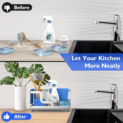 BSKSSK Sink Caddy, Kitchen Sink Organizer Sponge Holder, Dish Soap Scrubber Holder with Removable Drain Pan, Sink Brush Holder Kitchen Sink Stainless Steel for Sponge (Sliver, Large)