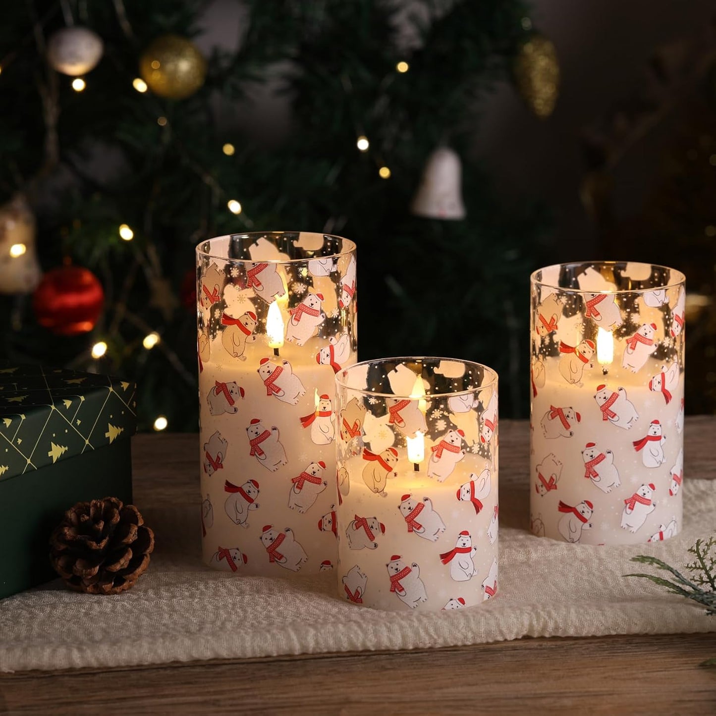 Eywamage Gold Glass Flameless Pillar Candles with Remote, Flickering Christmas LED Candles Battery Operated Set of 3