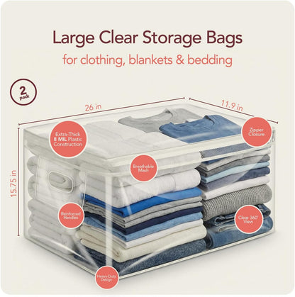Clear Storage Bags with Zipper, 2 Pack — Comforter Storage Bag, Blanket Storage Bag & Clothes Storage Bag for Under Bed, 20 Gallon Jumbo Transparent Plastic Bag for Bedding, Quilts & Seasonal Storage