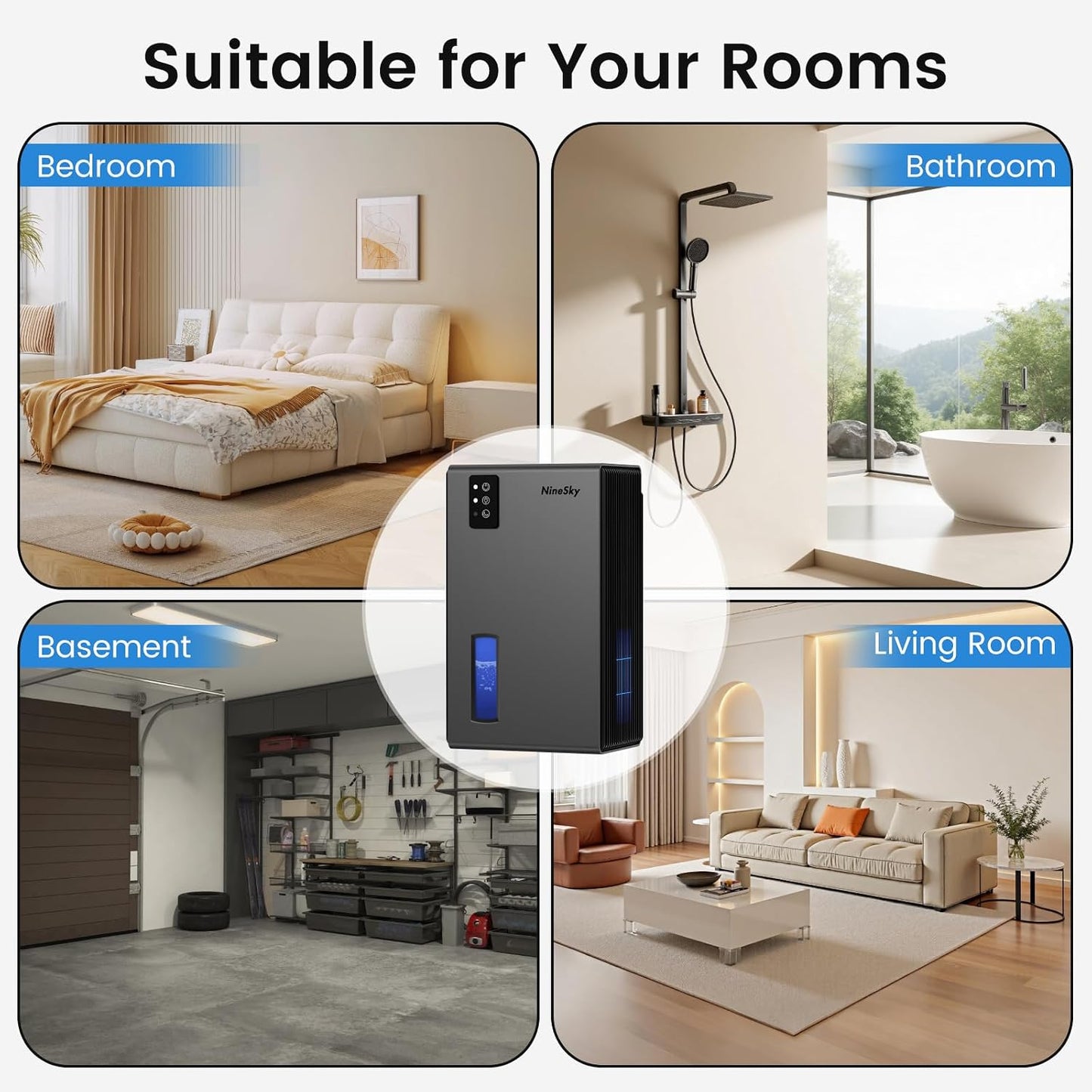 NineSky Dehumidifiers for Home, 1000 Sq.Ft Dehumidifier with 95oz Water Tank, Quiet Dehumidifier for Basement Bathroom Bedroom with 7-Color Ambient Light & Auto Shut Off, Sliver