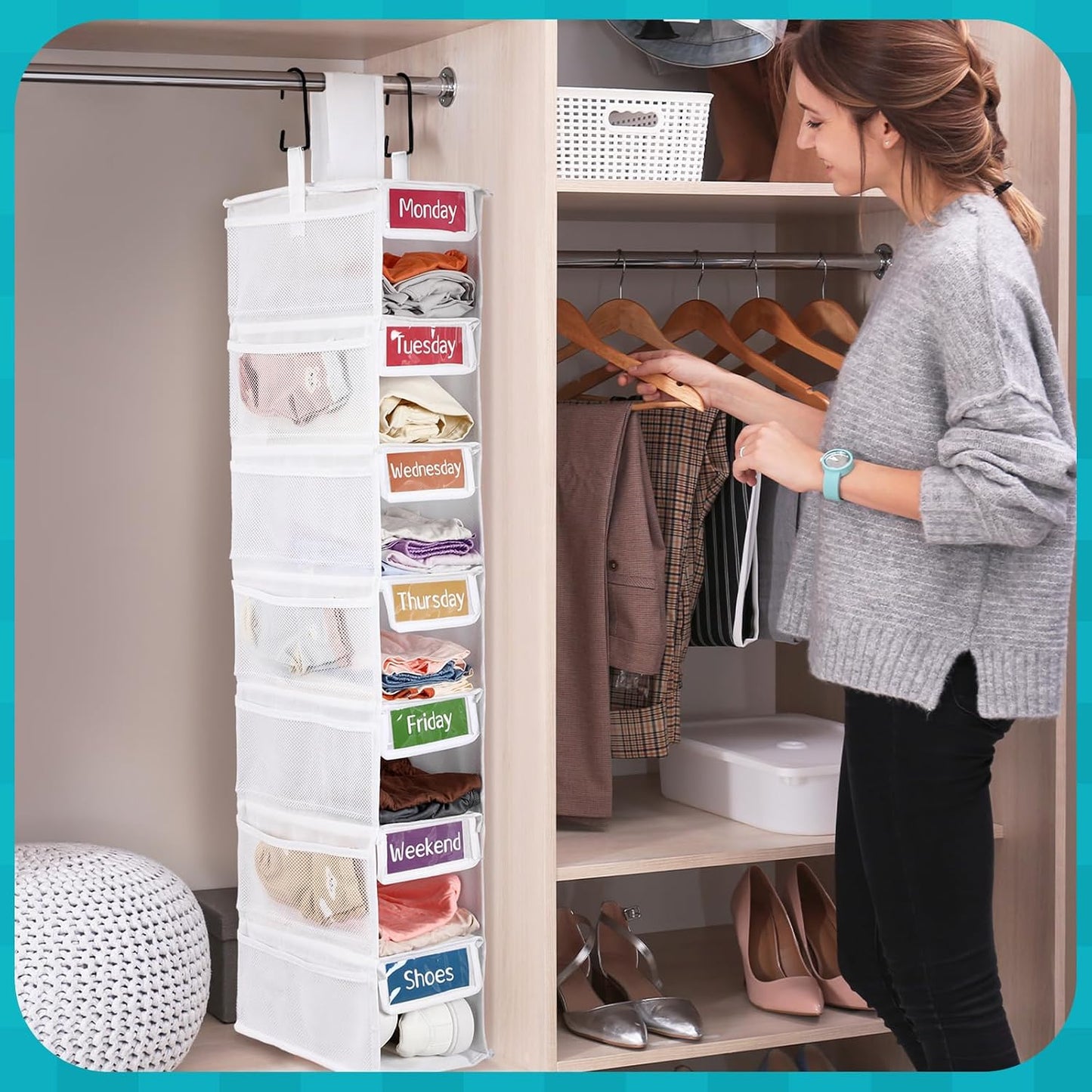 2 Pack 7 Shelf Weekly Clothes Organizer Hanging Closet for Kids with Side Pockets Weekday Shoes Rack Weekly Clothes Organizers Monday Through Weekend Foldable Storage Shelves(Black)