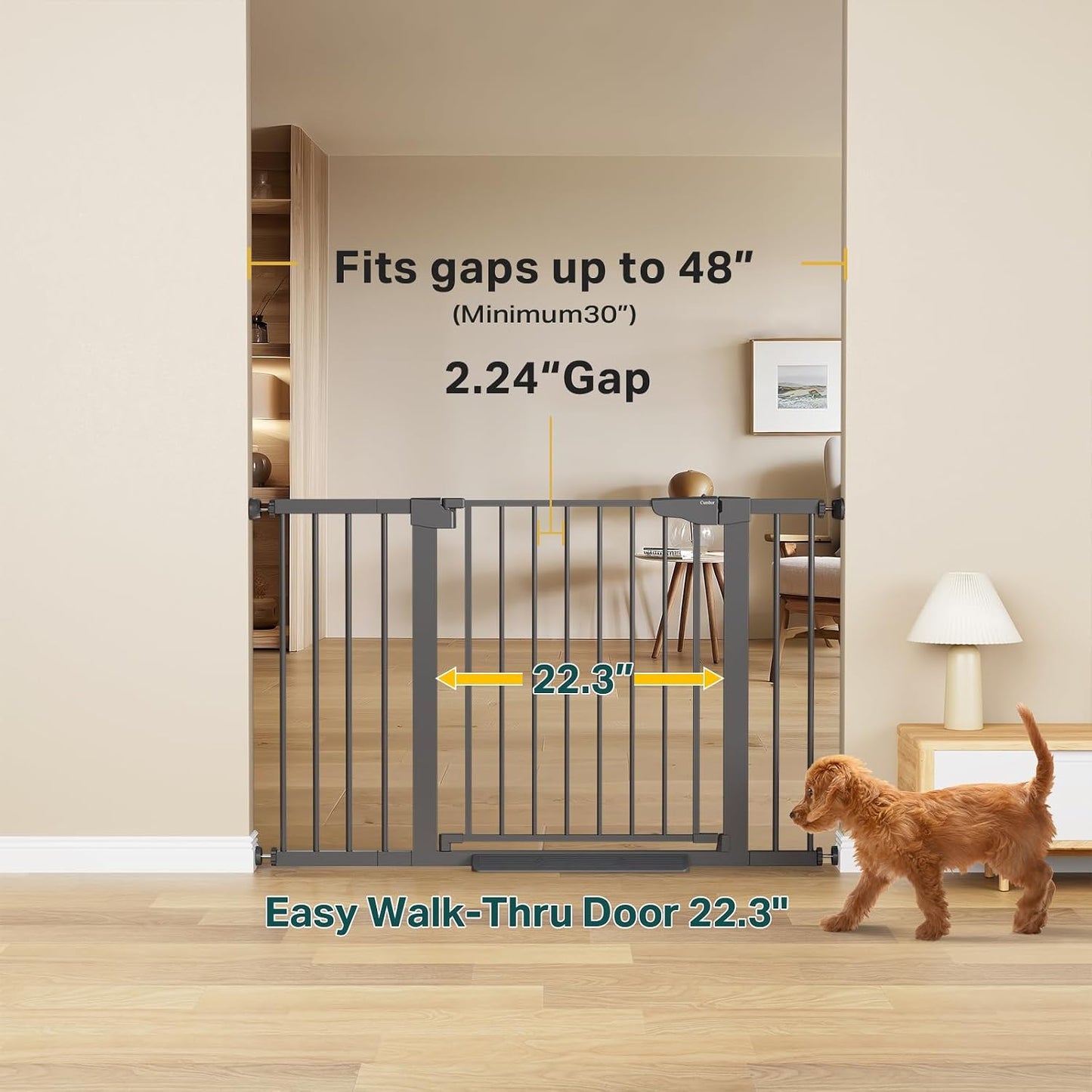 Cumbor 29.7-48" Baby Gate for Stairs, Mom's Choice Awards Winner-Dog Gate for Doorways, Auto Close Safety Pet Gate for Dogs Indoor, Easy Install Pressure Mounted Child Gate with Walk Thru Door, Brown