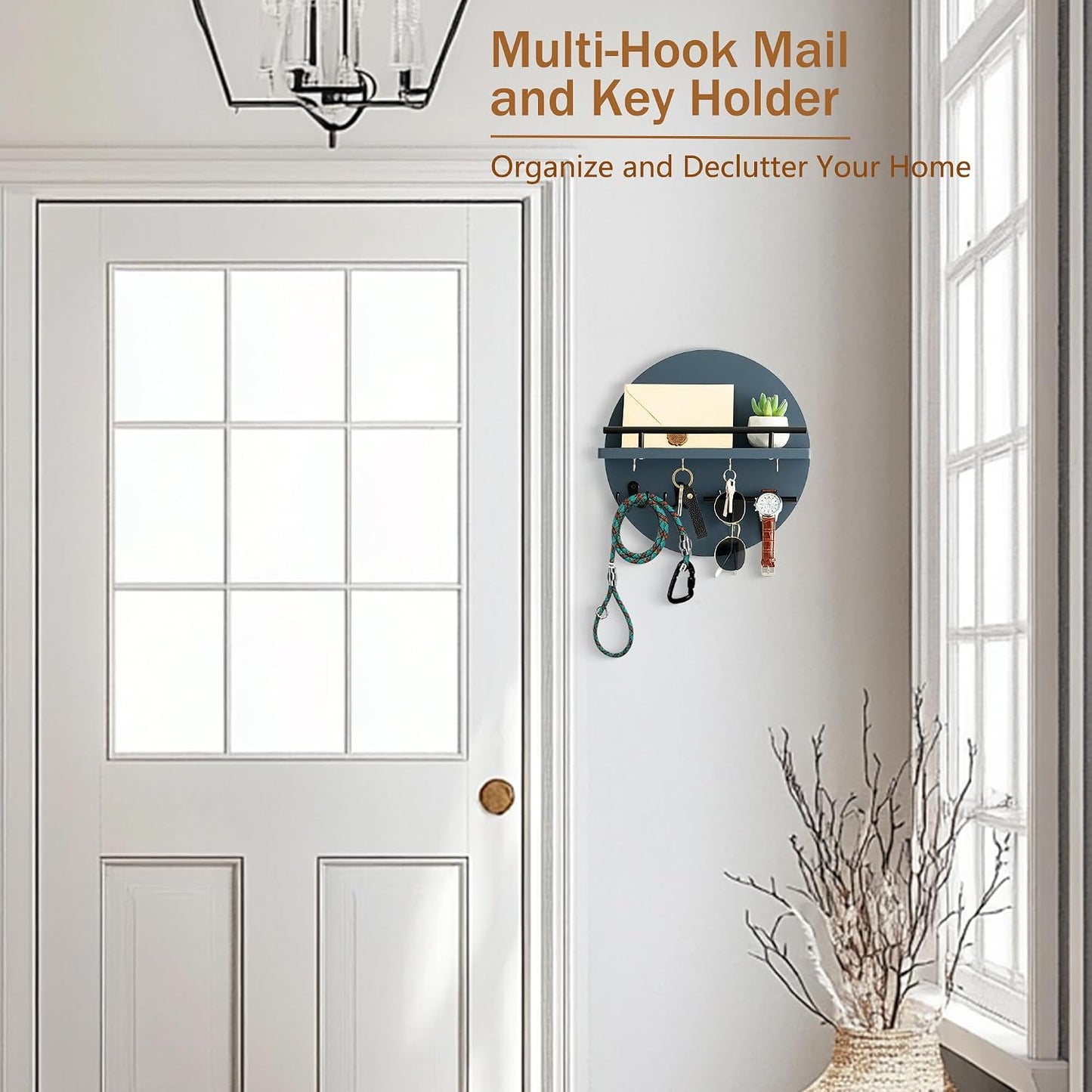 dreampossible Key Holder for Wall Decorative with Shelf and Hooks, Mail Organizer Wall Mount, Circular Design Entryway Key Rack Hanger, Rustic Home Decor (Black)