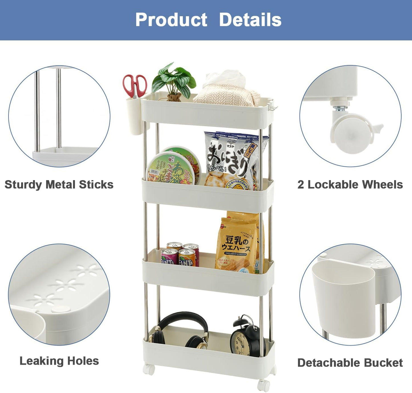 VECELO Storage Rolling Cart, 4 Tier Utility Cart Kitchen Slim Mobile Storage Unit Organizers with Wheels Hooks&Hanging Cups for Bedroom Bathroom Office Table Side in Narrow Places, White