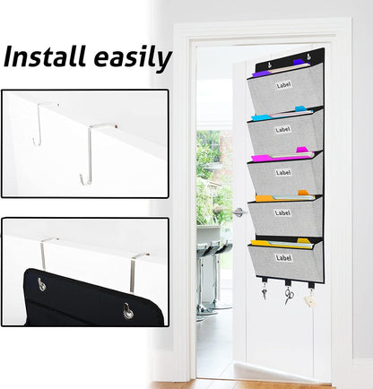 homyfort Over the Door File Organizer, Wall Hanging File Folders with 5 Large Pocket for Mails, Magazines, Back to School Supplies,Office Chart Storage, Paper Organization (Grey)