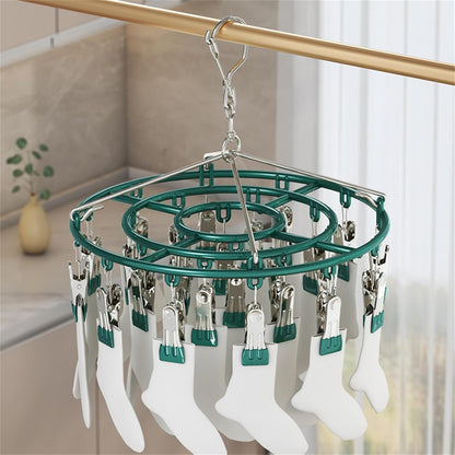 Stainless Steel Clothes Sock Drying Rack With 28 Clips, Swivel Hook Windproof Clothes Hanger Rack For Sock, Bras, Towel, Underwear, Hat, Scarf, Gloves, Pants Laundry Clothes Square28clamps pink
