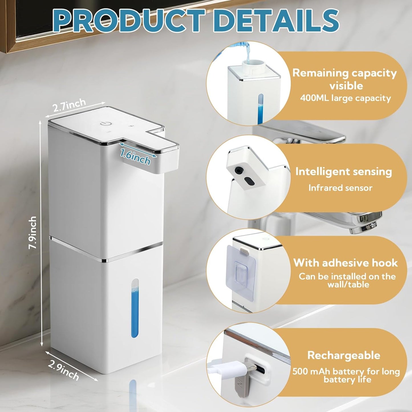 2 Pack 13.5oz/400ml Automatic Soap Dispenser Touchless Foaming Soap Dispenser Waterproof 4-Level Adjustable USB Rechargeable Dispenser Electric Wall Mounted for Bathroom Kitchen Dish Hand Soap