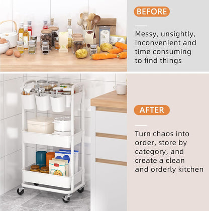 JIUYOTREE 4-Tier Plastic Rolling Storage Cart Utility Cart with Extra Hanging Cups Handles Lockable Wheels for Living Room Bathroom Kitchen Office White