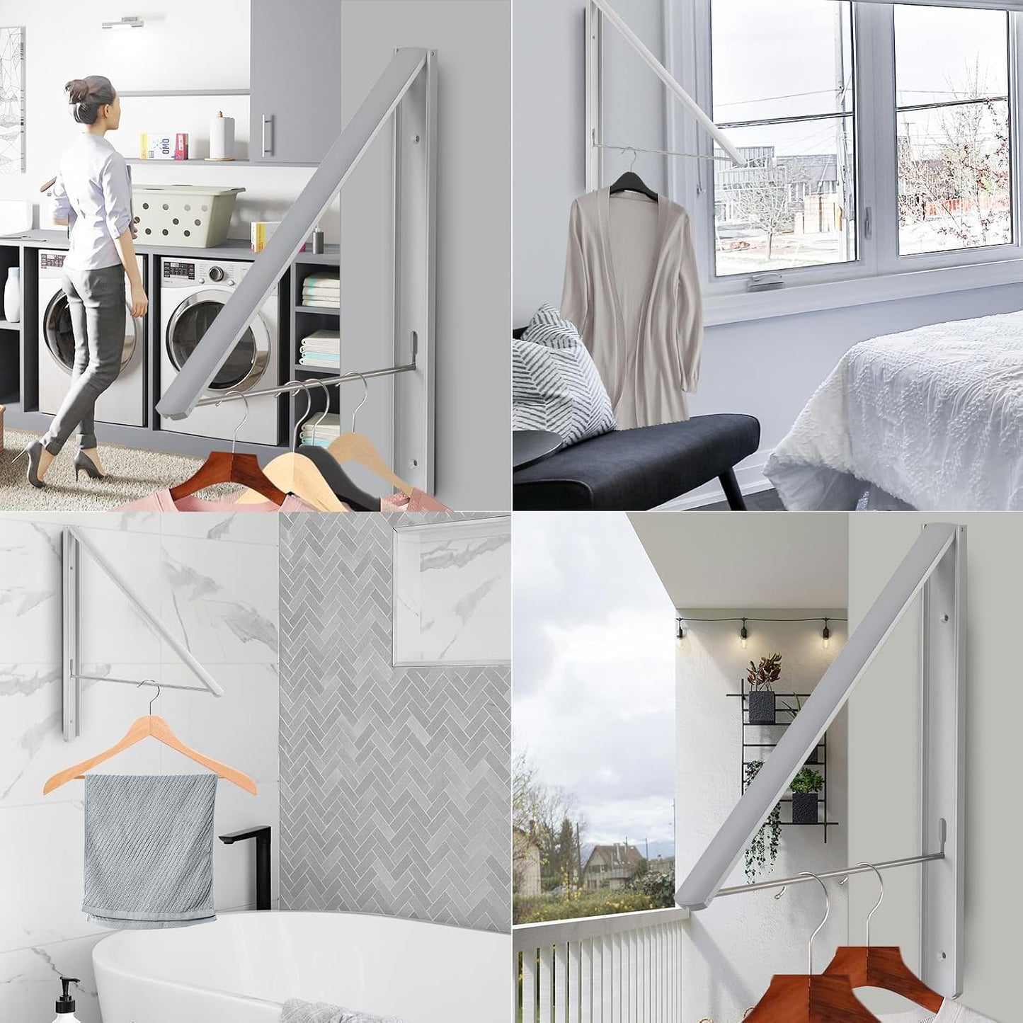 Retractable Clothes Drying Rack Wall Mounted, White | Foldable, Space-Saving, For Laundry Room/Bathroom/RV, Stainless Steel/Aluminum