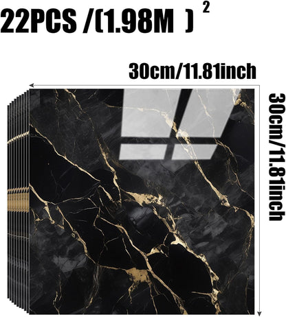 Chejiaye 10pcs Marble Peel and Stick Backsplash Waterproof Washroom Wall Panels, Peel and Stick Tile, PVC Foam Wall Panels for Kitchen,Bathroom,Living Room,Blue and Gold(Not Real Tile,11.8" x 11.8")