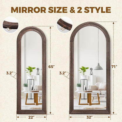 Solid Wood Full Length Mirror - 65"x22" Arched Floor Mirror, Free Standing & Wall Mounted - Elegant Design for Bedroom, Dressing Room, Hallway, Brown