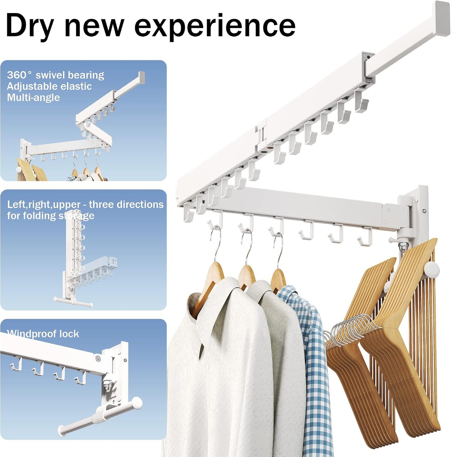 LIENAHU Wall Mounted Clothes Drying Rack, Collapsible, Folding, Retractable - Clothes Hanging Rack (Hooks, White)