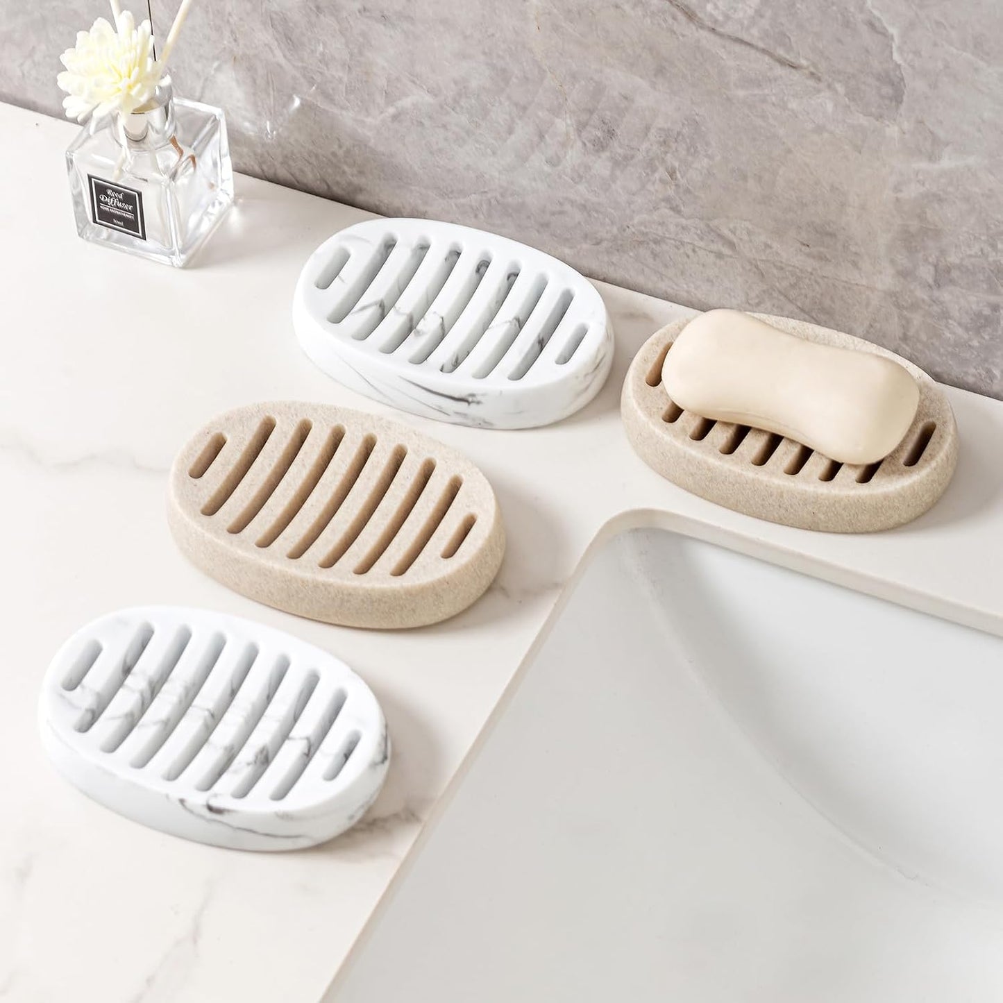 Soap Dish, Bar Soap Holder, Travertine Stone Look, Off White | Self Draining,Sponge Holders Tray for Shower,for Dispenser,Scrubber,Bottle,Cup on Bathroom Kitchen Bathtub Sink or Counter