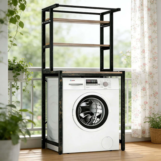 Over The Washer Storage Shelf, Space-Saving Laundry Organizer, Sturdy Metal Frame with Natural Wood Shelves, No Drilling, Ideal for Laundry Room, Bathroom, Balcony(White,Two Layers)