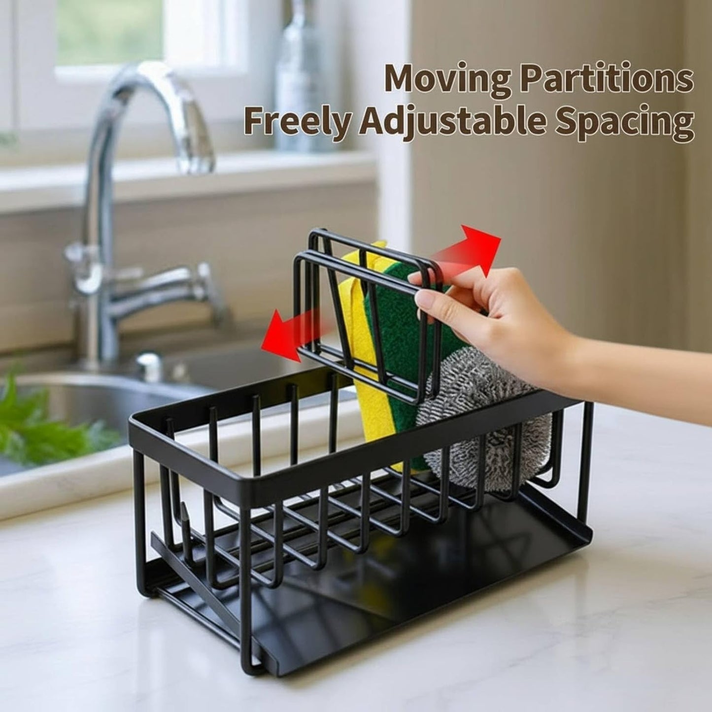 Kitchen Sink Sponge Holder, 304 Stainless Steel Soap Dispenser Caddy Organize, Kitchen Sink Brush Caddy Holder with Removable Drain Tray