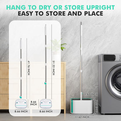 Spin Mop and Bucket Set with 2 Replaceable Microfiber Mop Pads with Self Separation Dirty and Clean Water System, Self Wringing 360° Rotating Square Mop Head for Hardwood Tile Marble Floors
