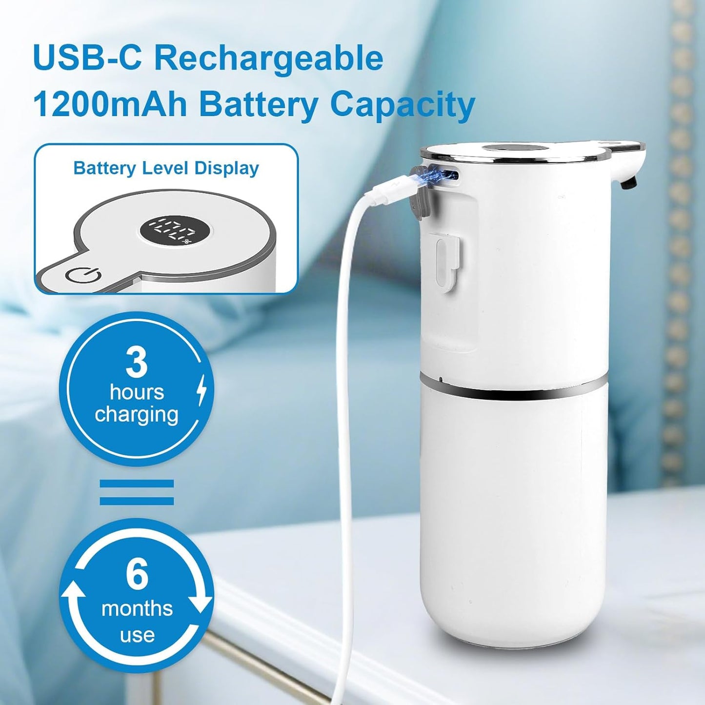 OHIFAST Automatic Foaming Soap Dispenser Touchless, USB Rechargeable Smart Hand Soap Dispenser, 6-Level Adjustable, 12.8oz/380mL Wall Mounted for Bathroom Kitchen Dish Soap-White