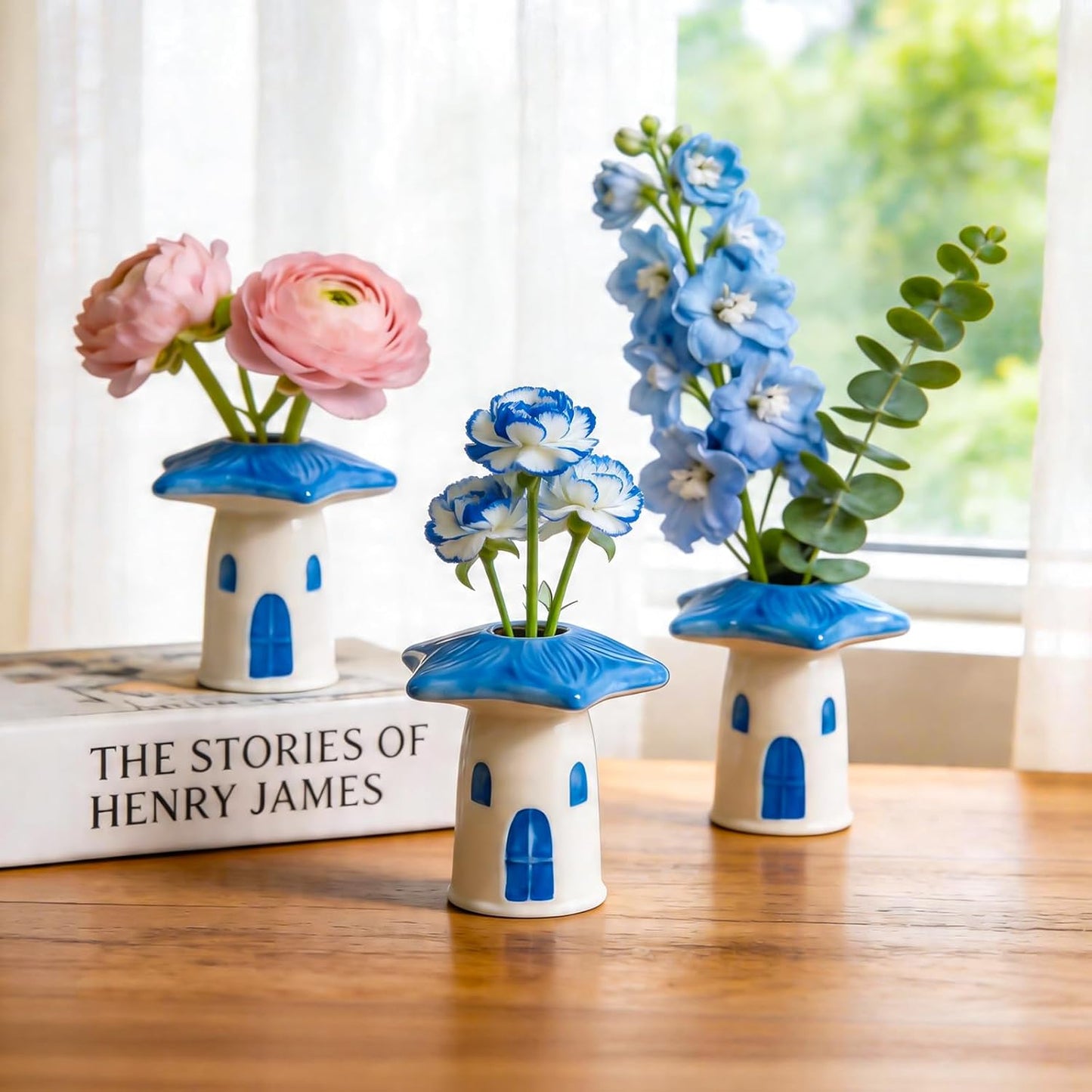 MOUGIGI Cute Blue House Ceramic Bud Vase Set of 3 - Handmade Miniature Vase with Star Roof for Dried Flowers, Chic Japandi Style Decor for Entryway, Dining,Coffee Table - Ideal Small Gift for Home