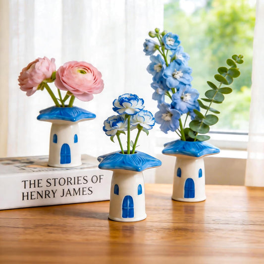 MOUGIGI Cute Blue House Ceramic Bud Vase Set of 3 - Handmade Miniature Vase with Star Roof for Dried Flowers, Chic Japandi Style Decor for Entryway, Dining,Coffee Table - Ideal Small Gift for Home