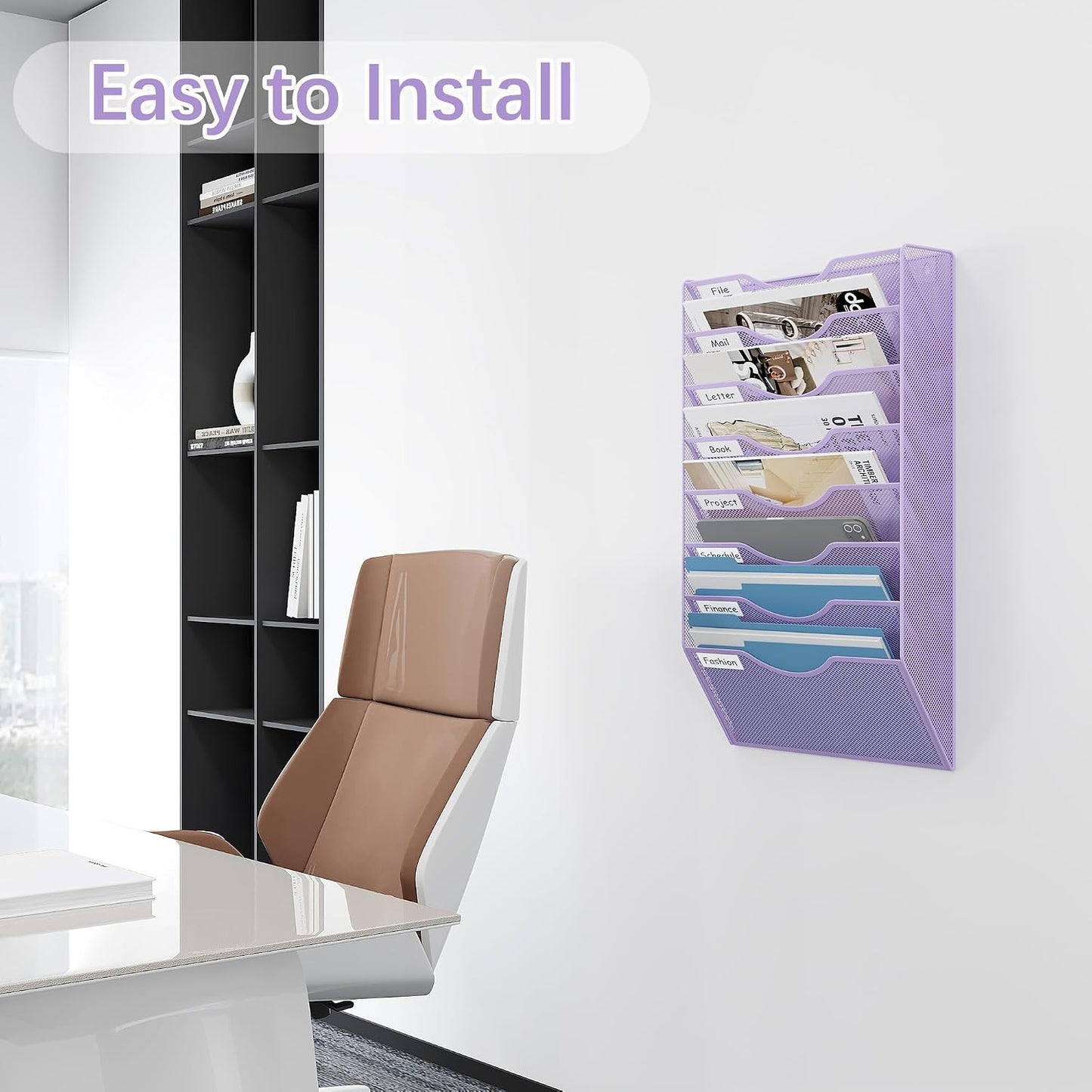 EasyPAG 5 Pocket Mesh Wall File Organizer with Key Hooks, Hanging Paper Folder Holder with Classify Label, Vertical Wall Mount Mail Organizer for Office Home Classroom, Black