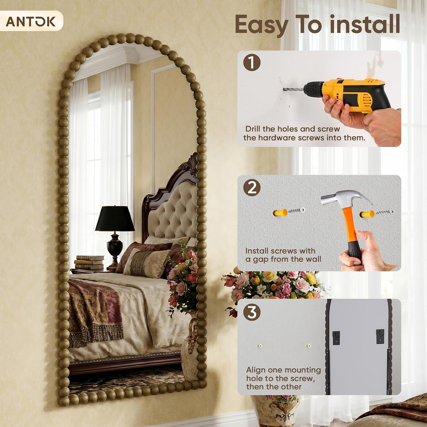 Antok 58" x 21" Arched Full Length Mirror, Antique Beaded Frame Floor Standing or Wall Mounted Mirror with Stand for Bedroom, Entryway, Brown, Luxury Style