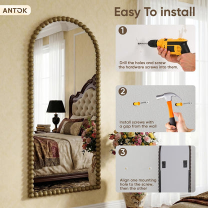 Antok 58" x 21" Arched Full Length Mirror, Antique Beaded Frame Floor Standing or Wall Mounted Mirror with Stand for Bedroom, Entryway, Brown, Luxury Style