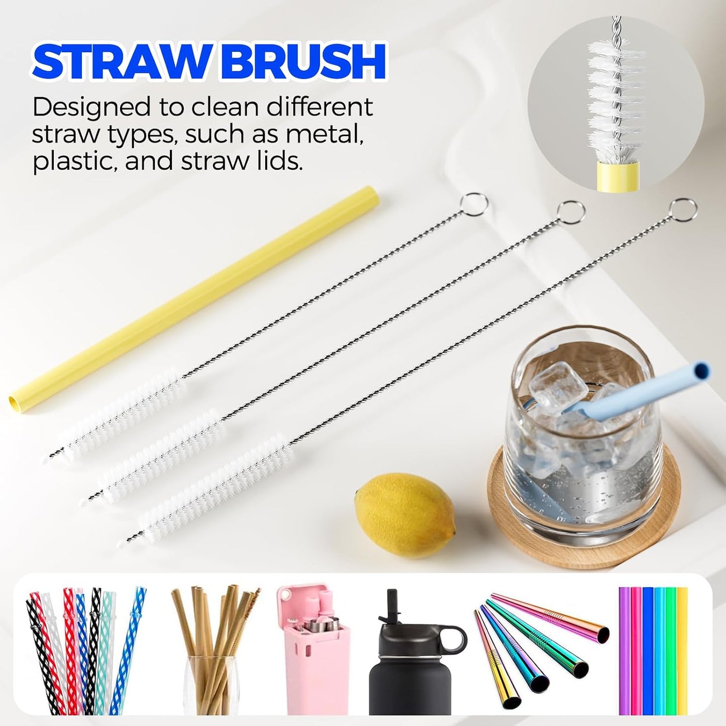 6 Pack Holikme 4 in 1 Cup Lid Cleaning Brush Set with 3 Straws, Multifunctional Bottle Brush, Silicone Cup Lid Gap Cleaner, Bristle Crevice Cleaning Brush, Flat End Brushes, Navy & Black & Olive
