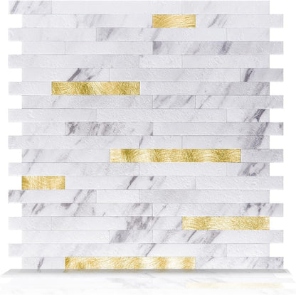 Art3d 10-Sheet Peel and Stick Backsplash Tile for Kitchen Bathroom Fireplace Laundry Room in White Slate with Gold Studded