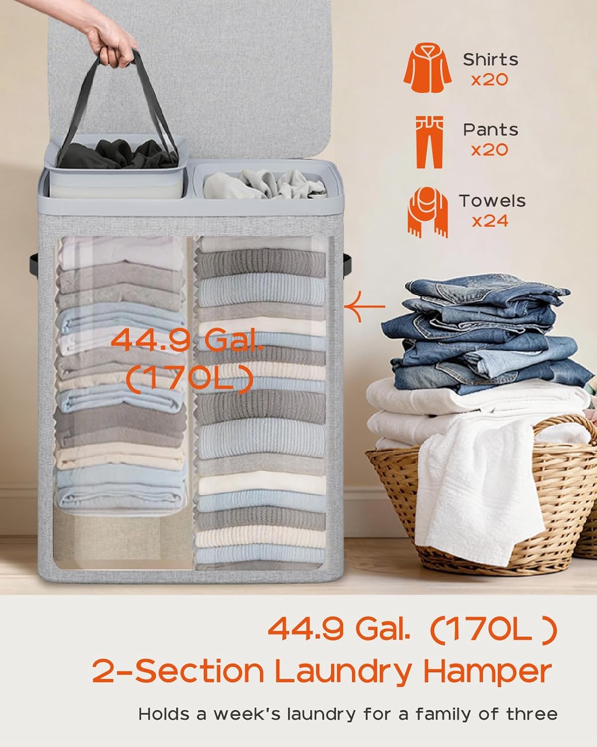 CASAMAYA Laundry Basket with Lid, Laundry Hamper 3 Section, 190L collapsible Laundry Organizer, Easy Assembly, with Handles and Removable Liners, 25.2 x 15.7 x 29.5 Inches, Beige JSP904M