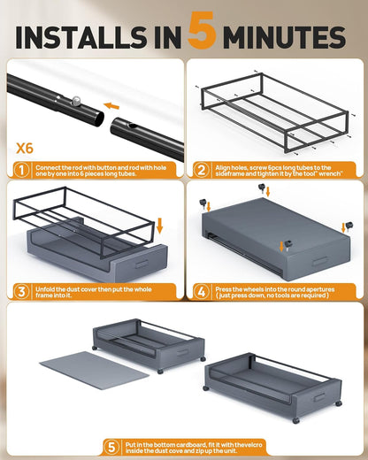 Under Bed Storage With Wheels, 2 Pack Square Containers, 60L Bins, Rolling Metal Drawer for Clothes, Blankets, Shoes