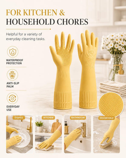 Disfore Rubber-Gloves Dishwashing Gloves for Cleaning-Kitchen - 2 Pairs Long Household Cleaning Gloves for Washing Dishes