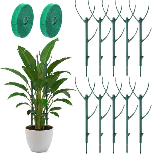 10 Pack Stackable Plant Support Stakes for Indoor Outdoor Plants, Pothos Plant Climber Support Structures with 2 Rolls Hook and Loop for Vine Training Stem Stabilization