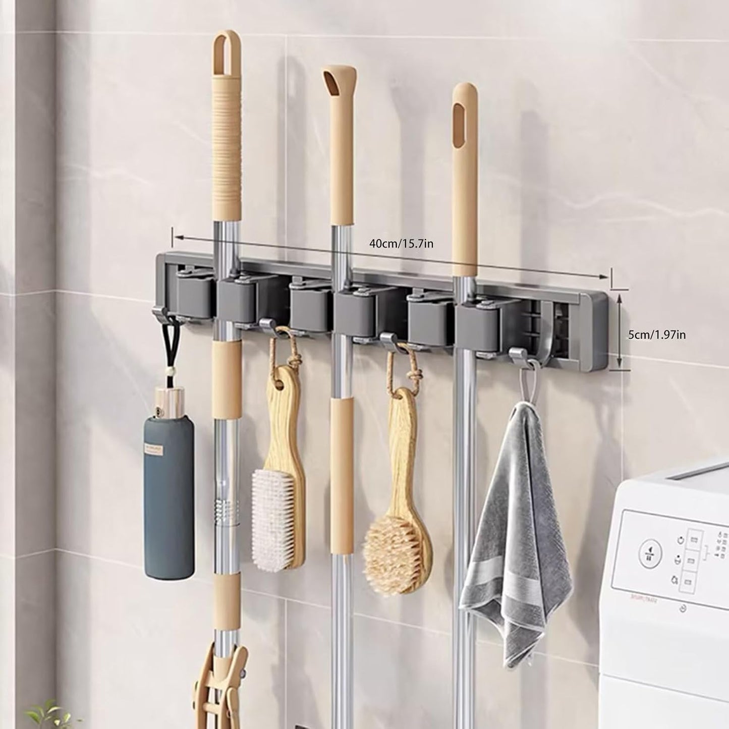 Broom Holder Wall Mount Movable Hooks and Clips Mop and Broom Hanger Wall Mounted Aluminum Garage Tool Organizer Storage Adhesive (Silver: 5 clips with 6 hooks)