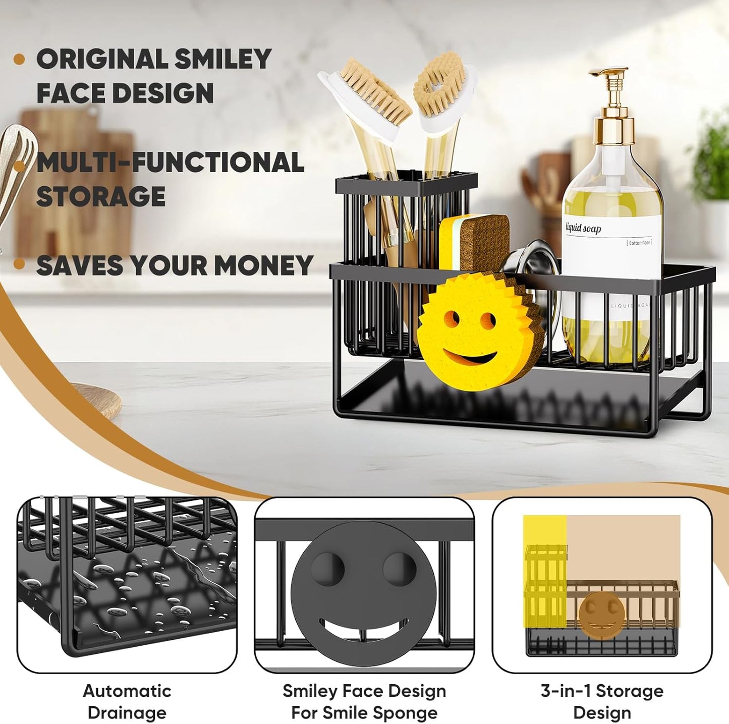 Sponge Holder for Kitchen Sink,Smiley Face Sink Caddy with Removable Brush Holder,Self-Draining Sponge Caddy for Soap,Dish Brush,Scrubber,Kitchen Essentials and Gadgets-Silver