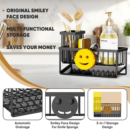 Sponge Holder for Kitchen Sink,Smiley Face Sink Caddy with Removable Brush Holder,Self-Draining Sponge Caddy for Soap,Dish Brush,Scrubber,Kitchen Essentials and Gadgets-Silver