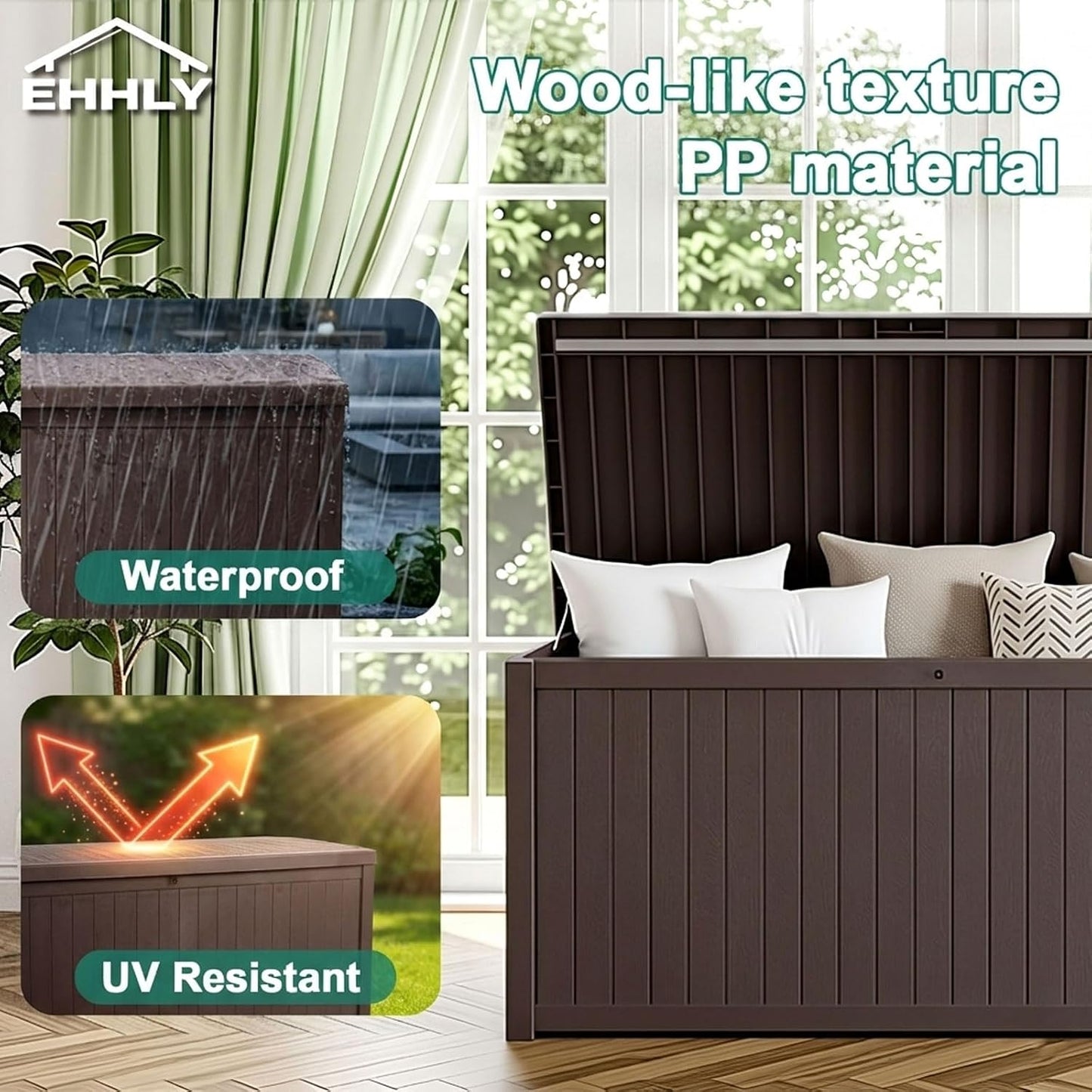 EHHLY Outdoor Storage Box Large-120 Gallon Deck Box with Hydraulic Pistons&Lockable Secure, Waterproof Resin Package Delivery Box for Outside Porch, Curbside, Patio, Home