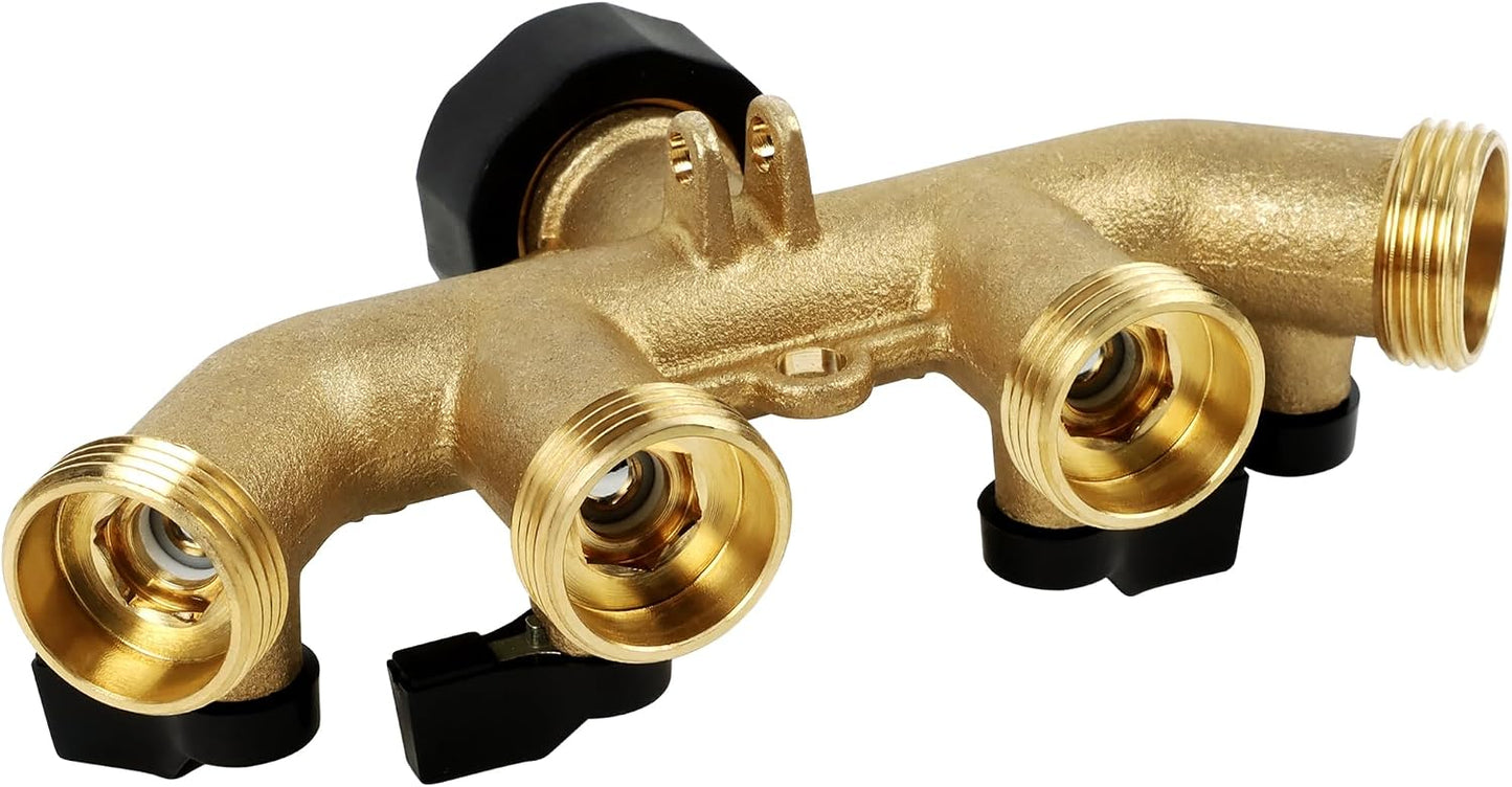 Lifynste 4 Way Brass Hose Splitter, 3/4" Brass Hose Faucet Manifold, Garden Hose Adapter Connector