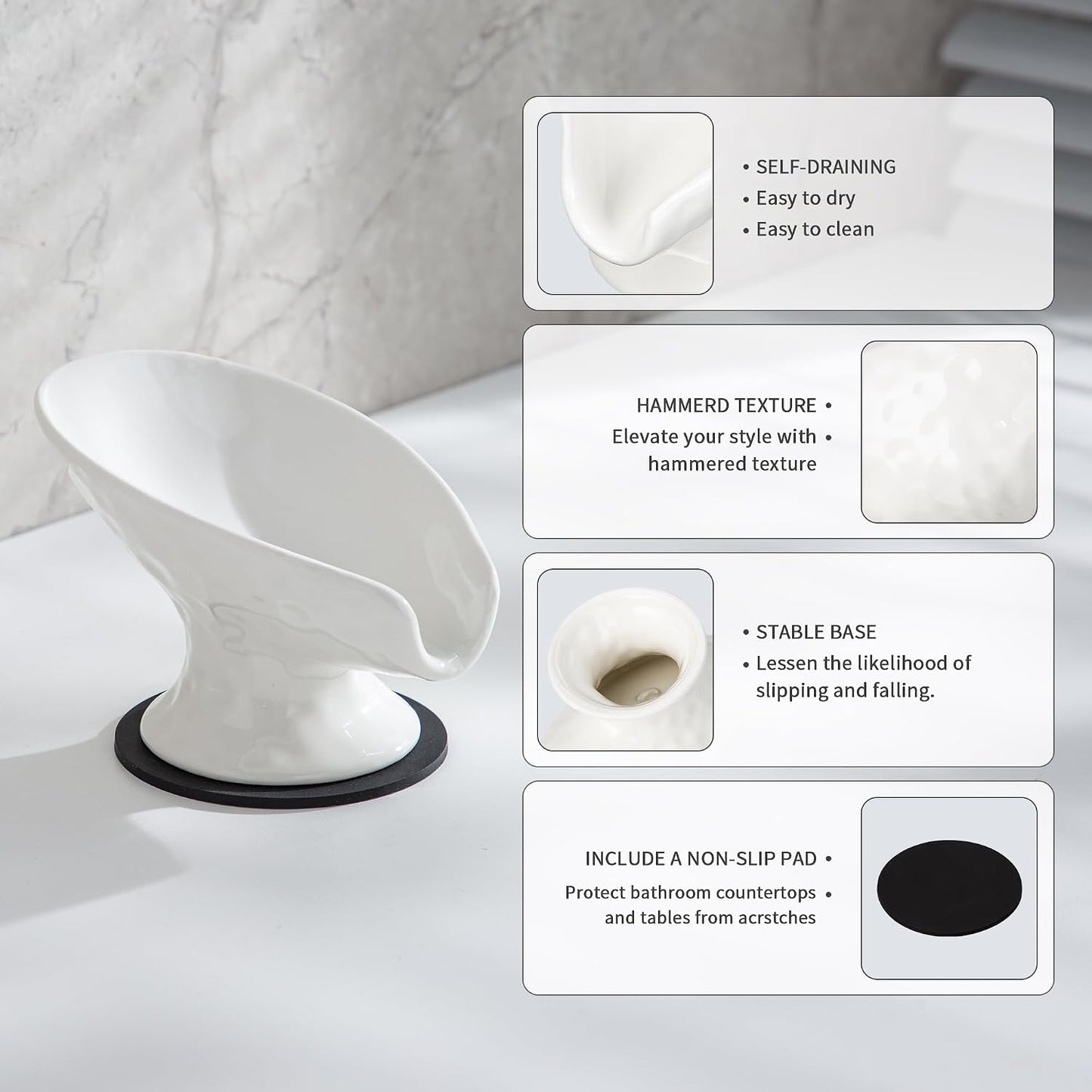 Self Draining Soap Dish,Soap Bar Holder for Shower,White Ceramic Soap Dishes for Bathroom Kitchen Shower Keeps Soap Dry, Easy to Clean(Gloss White)