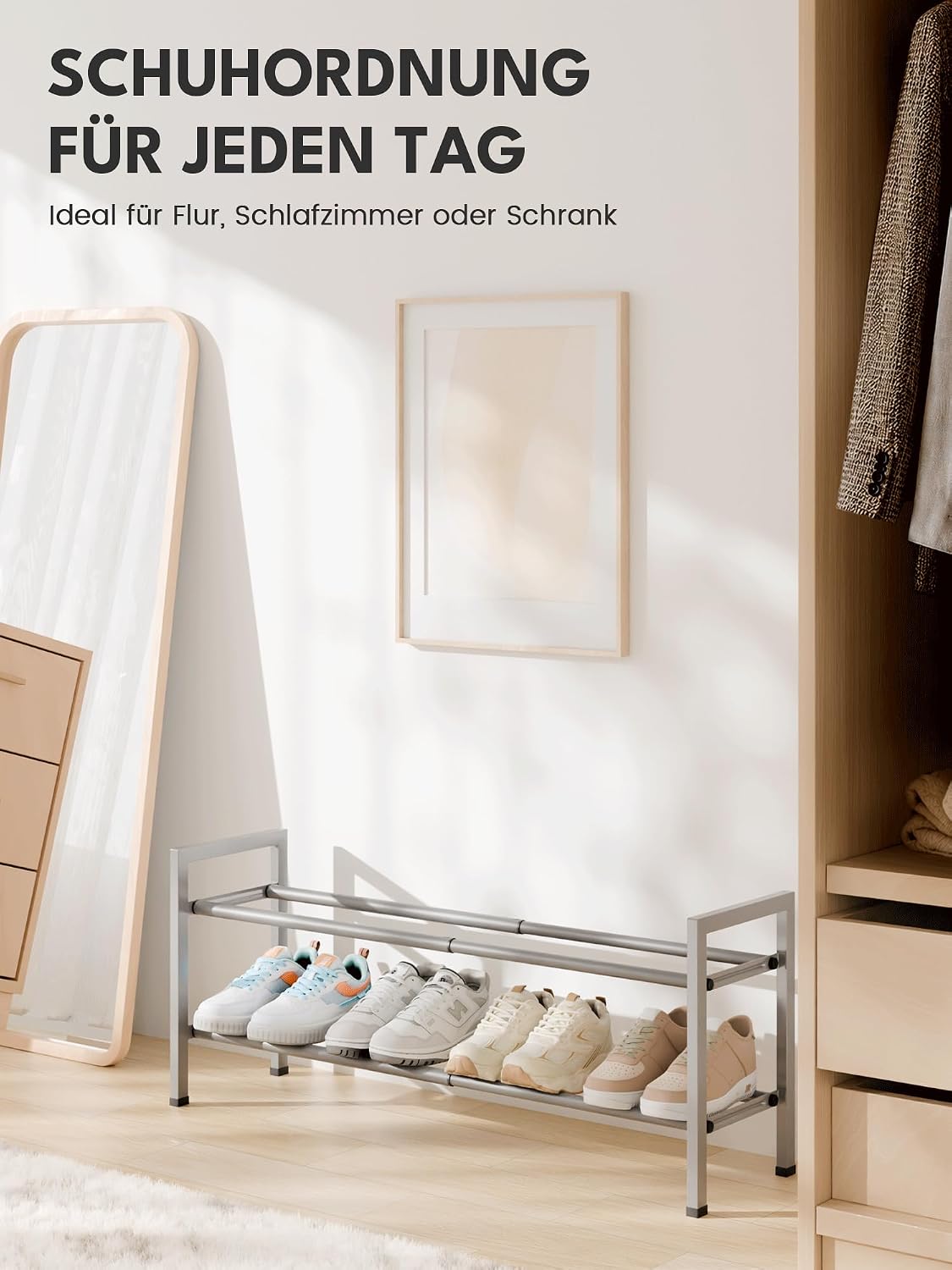Bumusty 3-Tier Expandable Shoe Rack for Closet, 18“-33” Adjustable Shoe Rack for Small Space, Small Shoe Organizer for Front Door, Sturdy Metal, Black