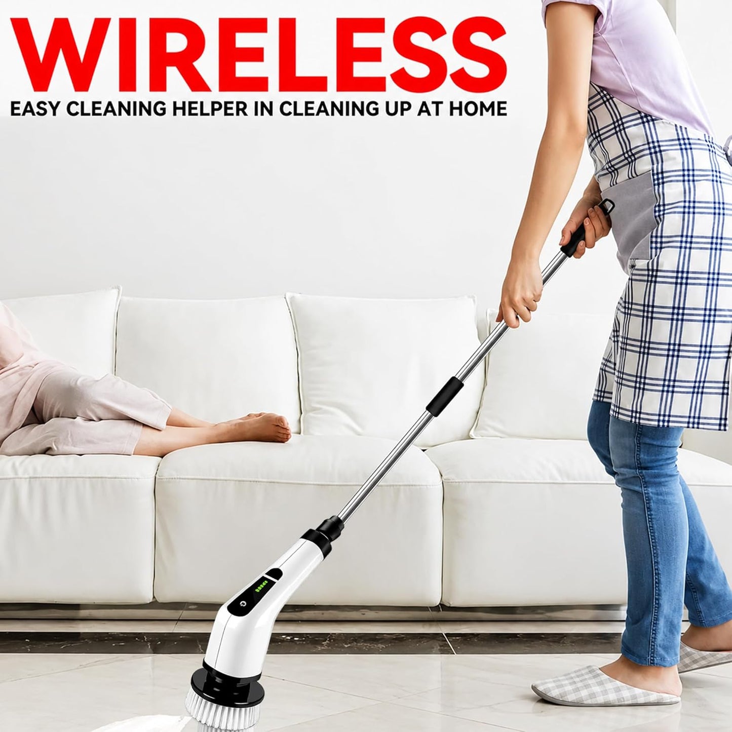7-in-1 Electric Spin Scrubber with Long Handle, Cordless Power Scrubber with 2 Speeds & 7 Replaceable Brush Heads for Bathroom, Shower, Bathtub, Tile, Floor, Glass & Car Cleaning.