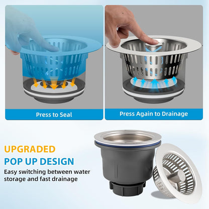 Hibbent Upgraded 3 In 1 Kitchen Sink Drain Strainer and Stopper Combo Assembly Kit, Stainless Steel Larger Anti-Clogging Basket, Pop Up Stopper Plug for US Standard 3-1/2 Inch, Brushed Nickel