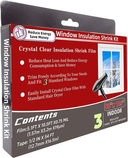 10-Window Shrink Film Window Insulation kit（62-Inch x 420-Inch），Insulating Film Window Kit Keeps Cold Air Out and Warm Air in (10 Windows)