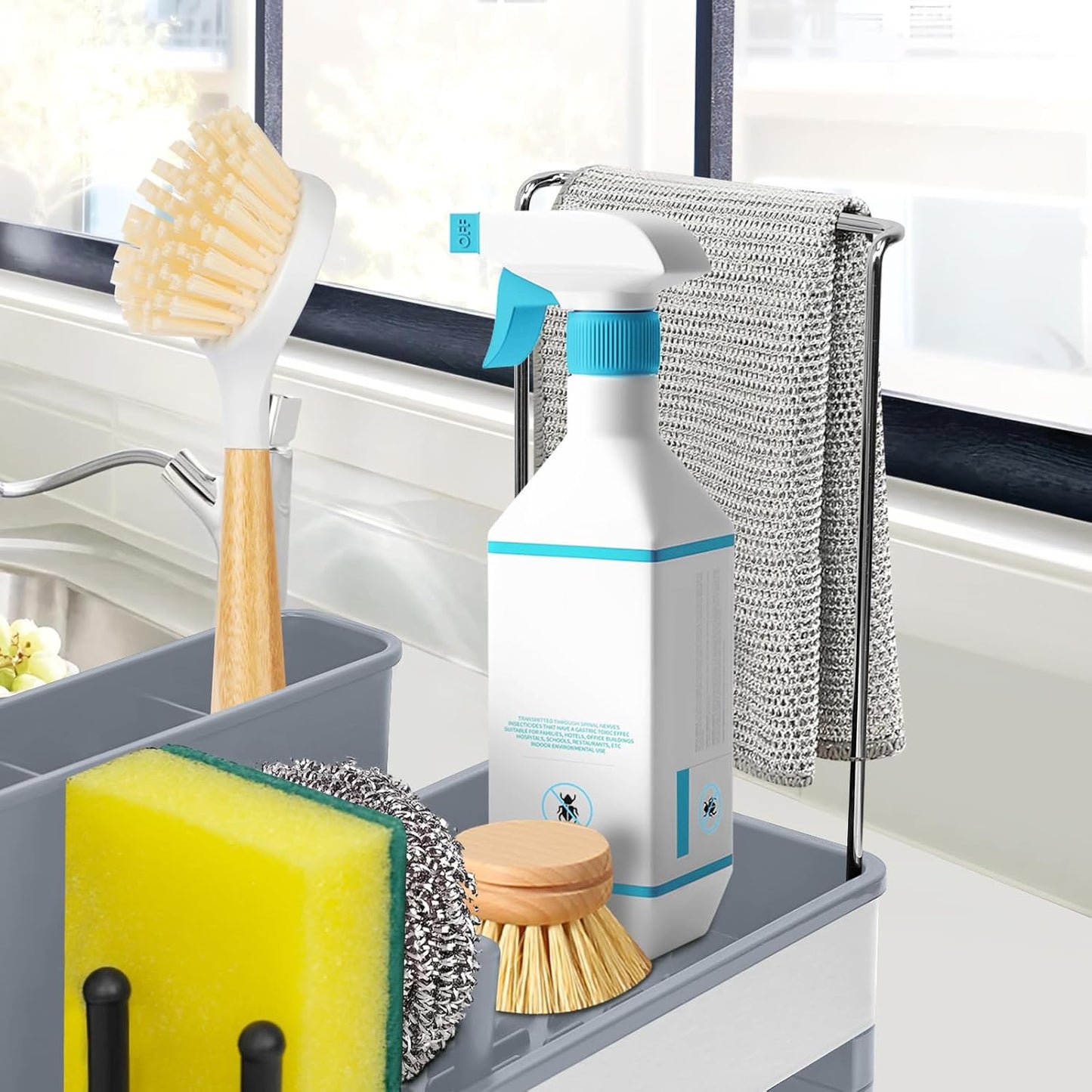 Kitchen Sink Caddy,Sponge Holder for Kitchen Sink with Dish Brush Holder, Auto Drain Tray, Sponge Drain Rack,Stainless Steel Sink Organizer Countertop，Sponge Soap(Grey)