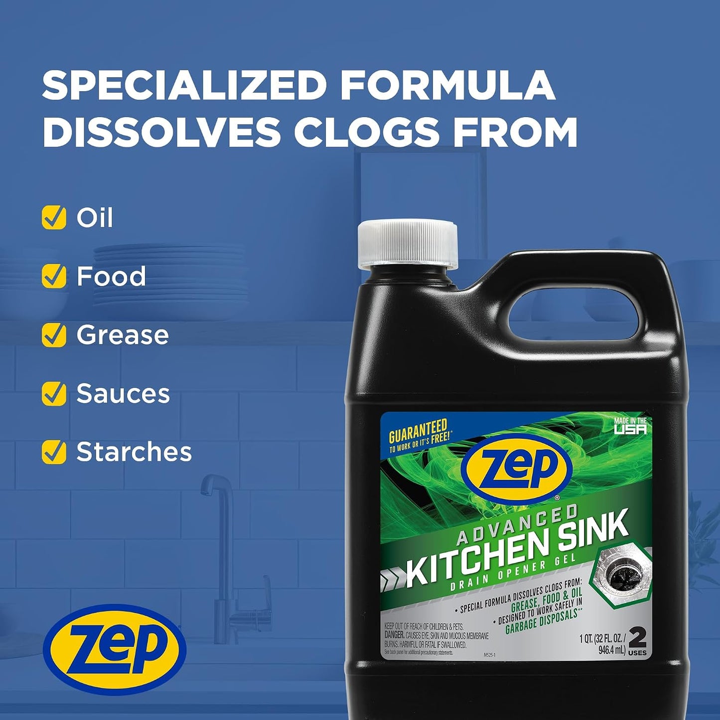 Zep Advanced Kitchen Drain Opener - 32 ounces - U49710 - Formulated for Grease, Food, and Oil-Safe for Garbage Disposal