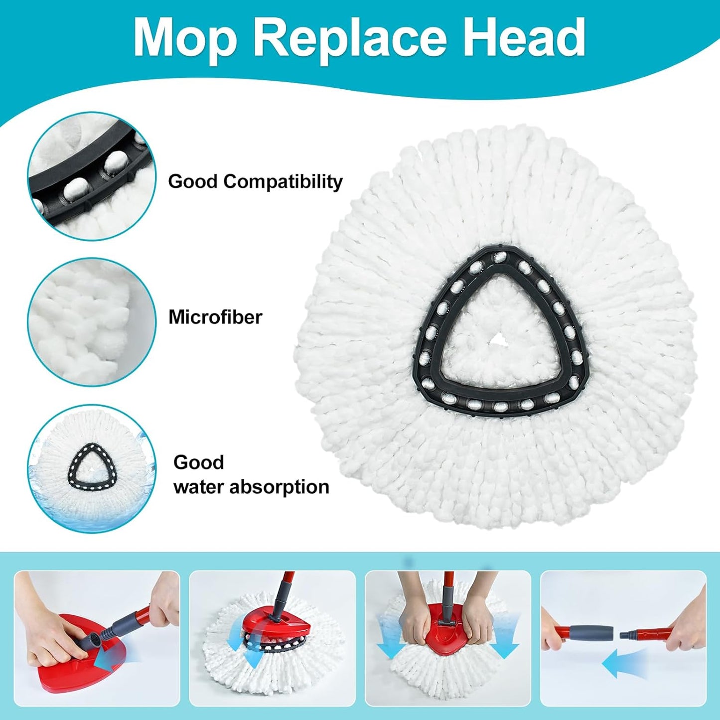 Mop Head Replacement, Base, Mop Handle for Ocedar RinseClean 2-Tank System, 2 Microfiber Mop Refills, Extendable Length 30-59" Mop Handle, Base and Scrubber for All Hard-surfaced Floor