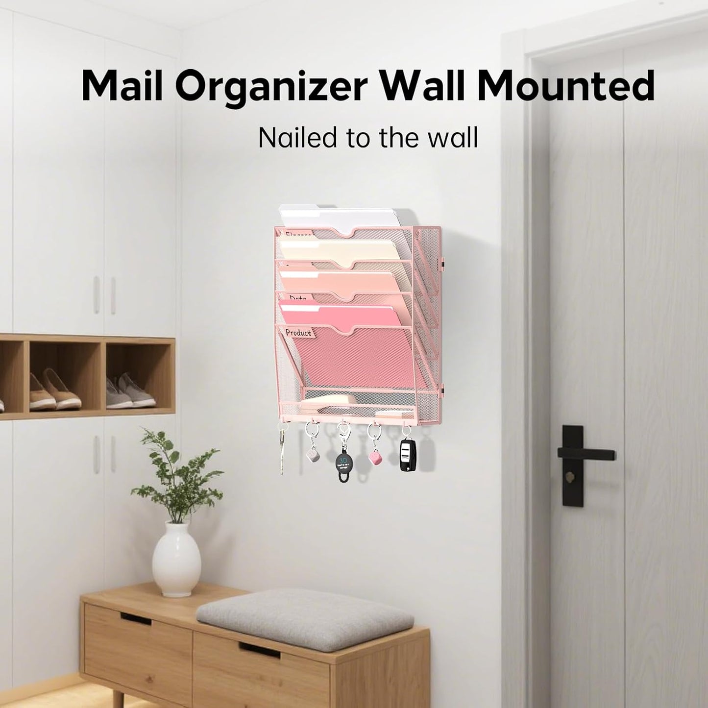 5 Tier Wall File Organizer - Hanging File Organizer with 5 Hooks, Mail Holder Wall Mounted for Papers, Folders, Magazines, Bills, Office&School Organization, Black