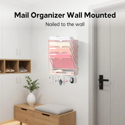 5 Tier Wall File Organizer - Hanging File Organizer with 5 Hooks, Mail Holder Wall Mounted for Papers, Folders, Magazines, Bills, Office&School Organization, Black